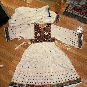 Colorful Afghan Embroidered White Dress